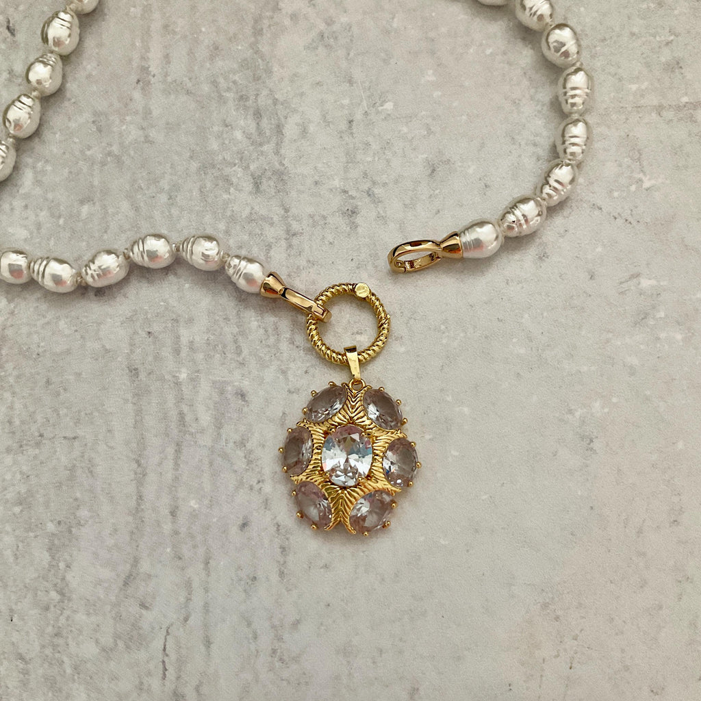 Gold CZ Pearl Pendant Necklace: 16in Porcelain Glass Pearls