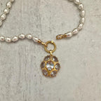 Gold CZ Pearl Pendant Necklace: 16in Porcelain Glass Pearls