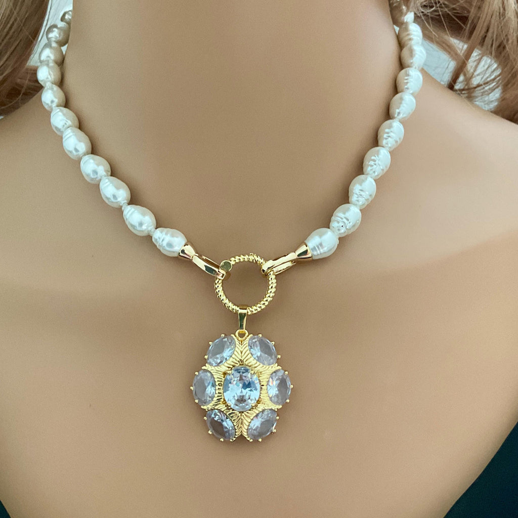 Pearl Pendant Necklace -Gold CZ Clustered Pendant -16in Porcelain Glass Pearls-Rope Design Spring Clasp- Limited Quantity