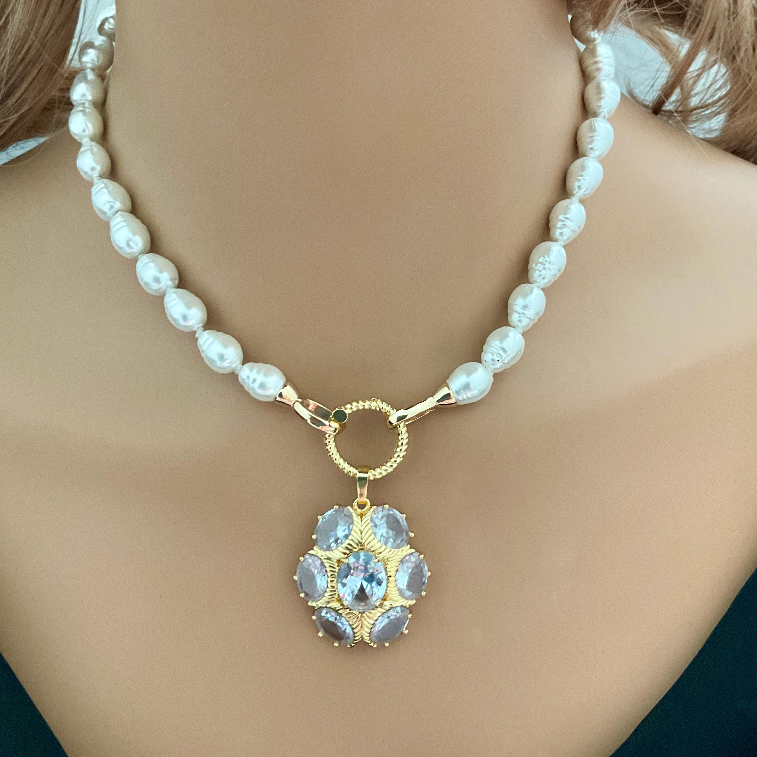 Gold CZ Pearl Pendant Necklace: 16in Porcelain Glass Pearls