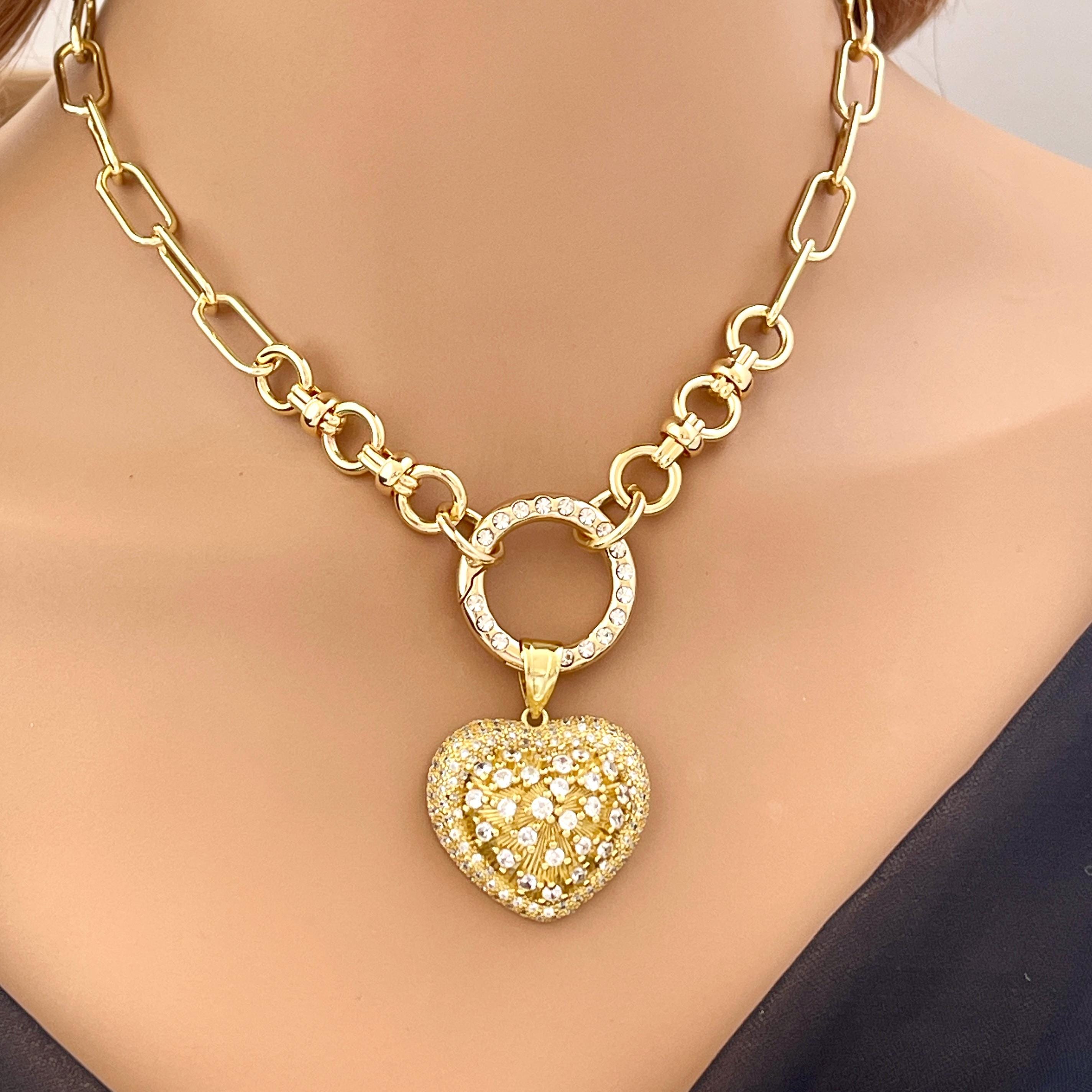 Gold Chain Necklace-CZ Encrusted Heart Pendant-CZ Spring Clasp-Multi Link Gold Chain-Gift For Her