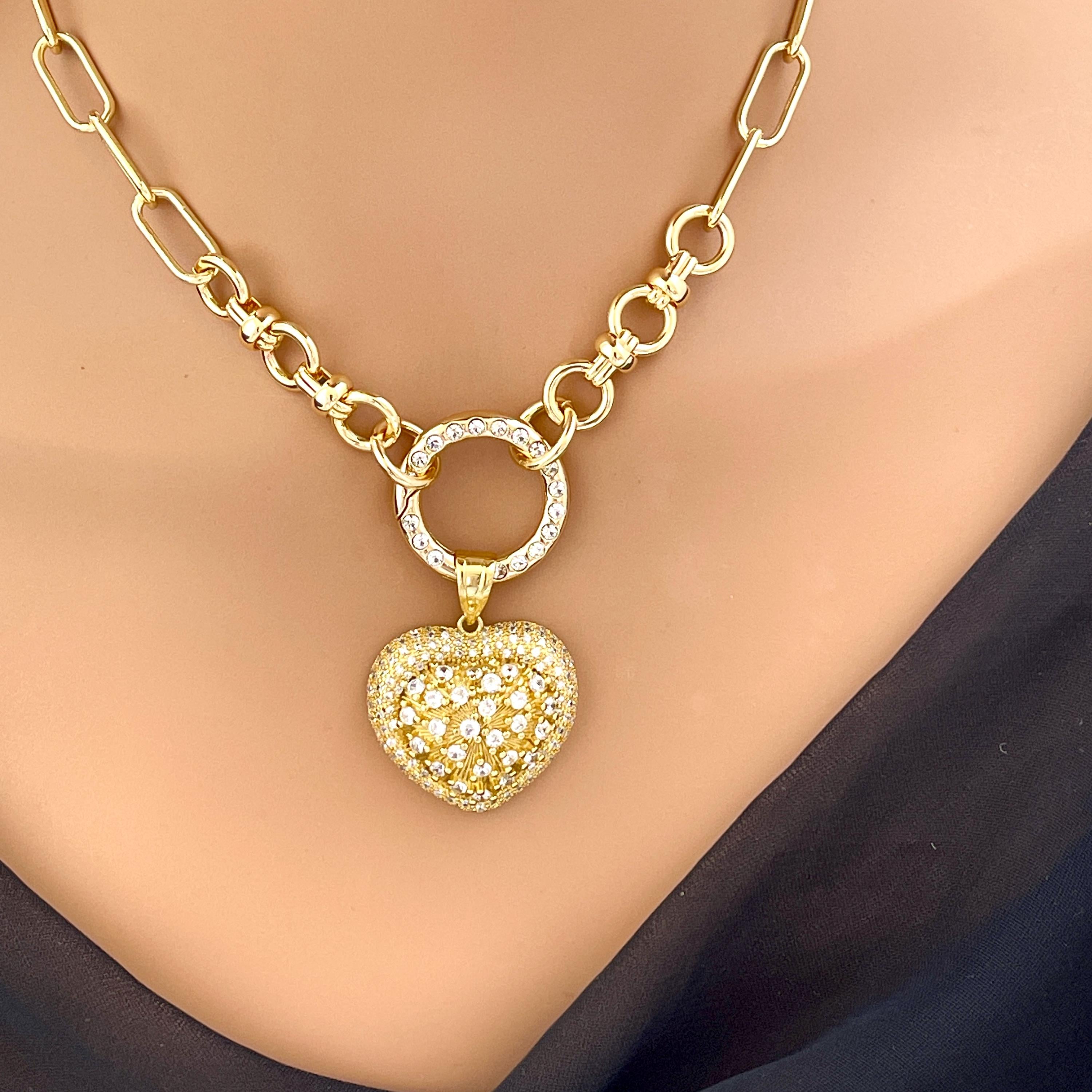 Gold Chain Necklace-CZ Encrusted Heart Pendant-CZ Spring Clasp-Multi Link Gold Chain-Gift For Her