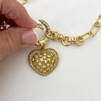 Gold Chain Necklace-CZ Encrusted Heart Pendant-CZ Spring Clasp-Multi Link Gold Chain-Gift For Her