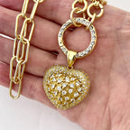 Gold Chain Necklace-CZ Encrusted Heart Pendant-CZ Spring Clasp-Multi Link Gold Chain-Gift For Her