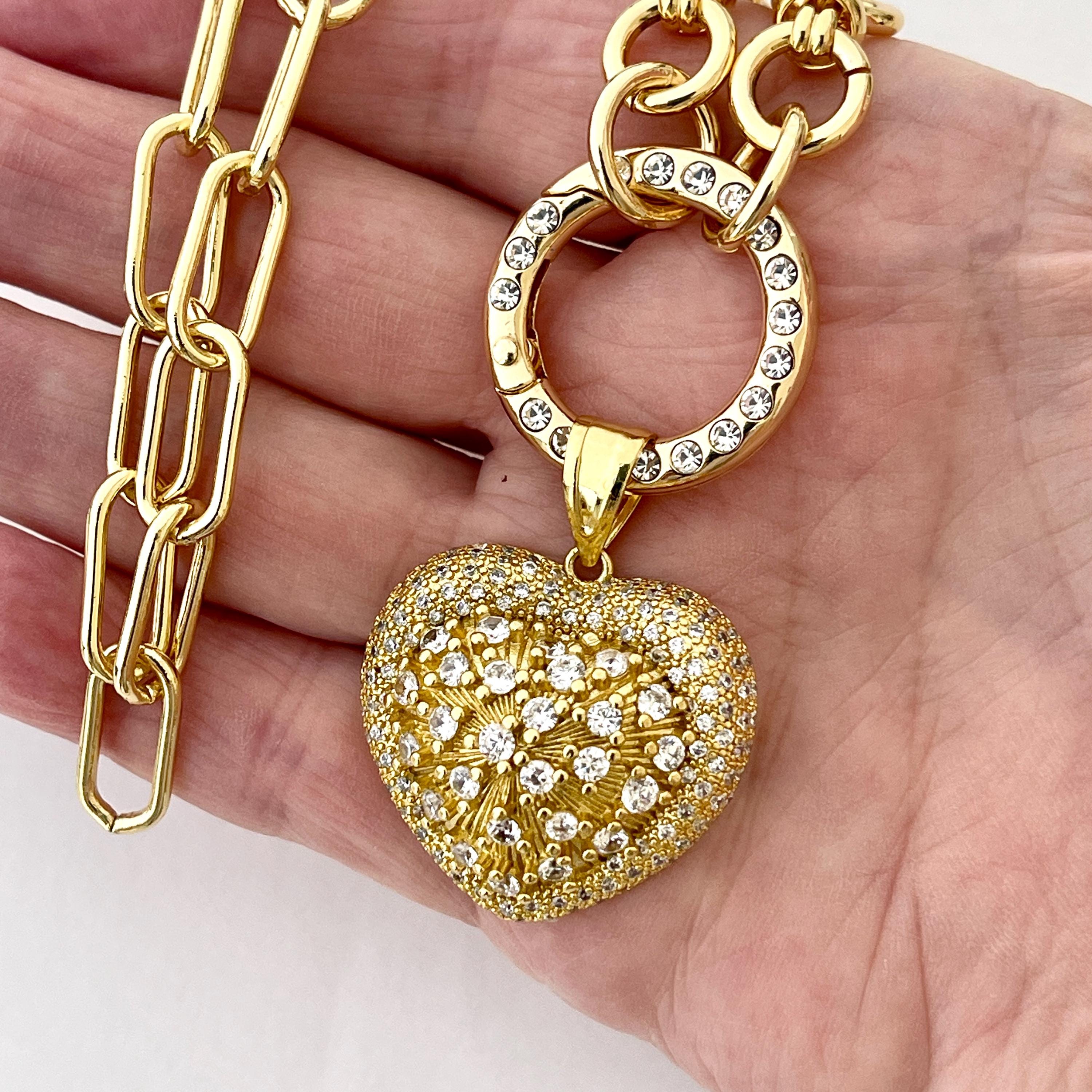 Gold Chain Necklace-CZ Encrusted Heart Pendant-CZ Spring Clasp-Multi Link Gold Chain-Gift For Her
