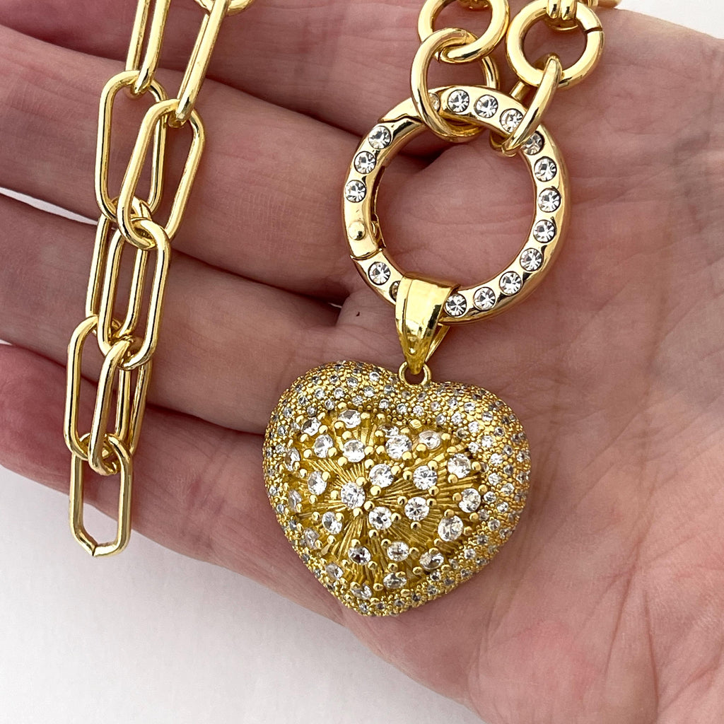 Gold Chain Necklace-CZ Encrusted Heart Pendant-CZ Spring Clasp-Multi Link Gold Chain-Gift For Her