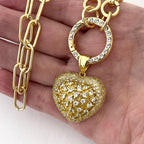 Gold Chain Necklace-CZ Encrusted Heart Pendant-CZ Spring Clasp-Multi Link Gold Chain-Gift For Her