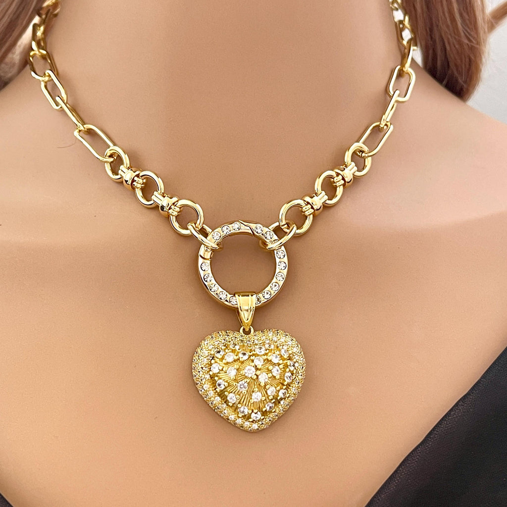 Gold Chain Necklace-CZ Encrusted Heart Pendant-CZ Spring Clasp-Multi Link Gold Chain-Gift For Her