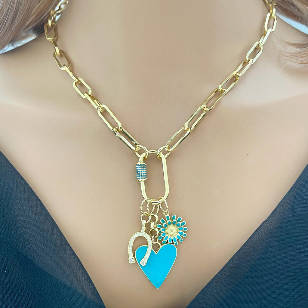 Gold Cable Chain Charm Necklace-CZ Horseshoe Charm-Turquoise Enamel Heart Pendant-Enamel Flower Charm-Carabiner Clasp-Good Luck Jewel