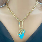 Gold Cable Chain Charm Necklace-CZ Horseshoe Charm-Turquoise Enamel Heart Pendant-Enamel Flower Charm-Carabiner Clasp-Good Luck Jewel