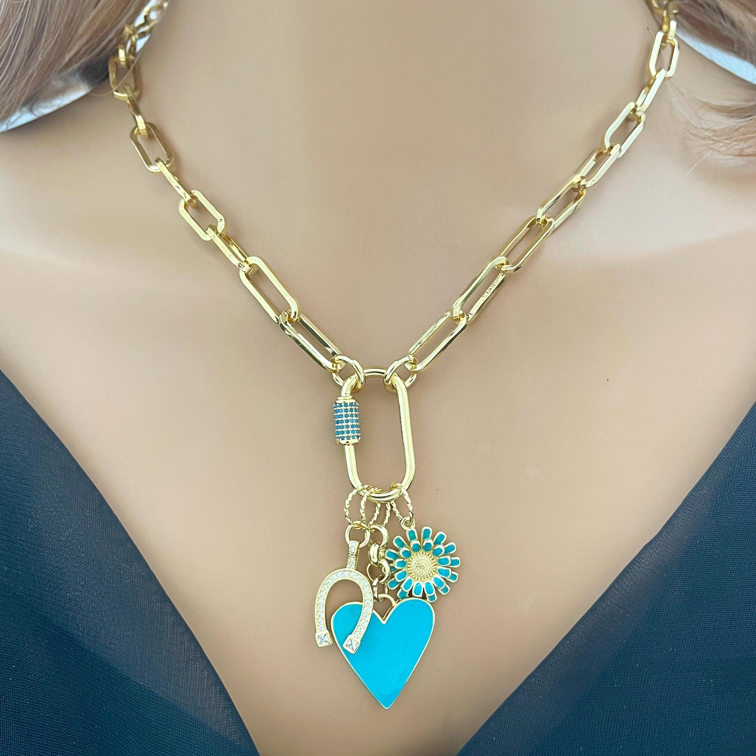 Gold Cable Chain Charm Necklace-CZ Horseshoe Charm-Turquoise Enamel Heart Pendant-Enamel Flower Charm-Carabiner Clasp-Good Luck Jewel