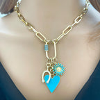 Gold Cable Chain Charm Necklace-CZ Horseshoe Charm-Turquoise Enamel Heart Pendant-Enamel Flower Charm-Carabiner Clasp-Good Luck Jewel