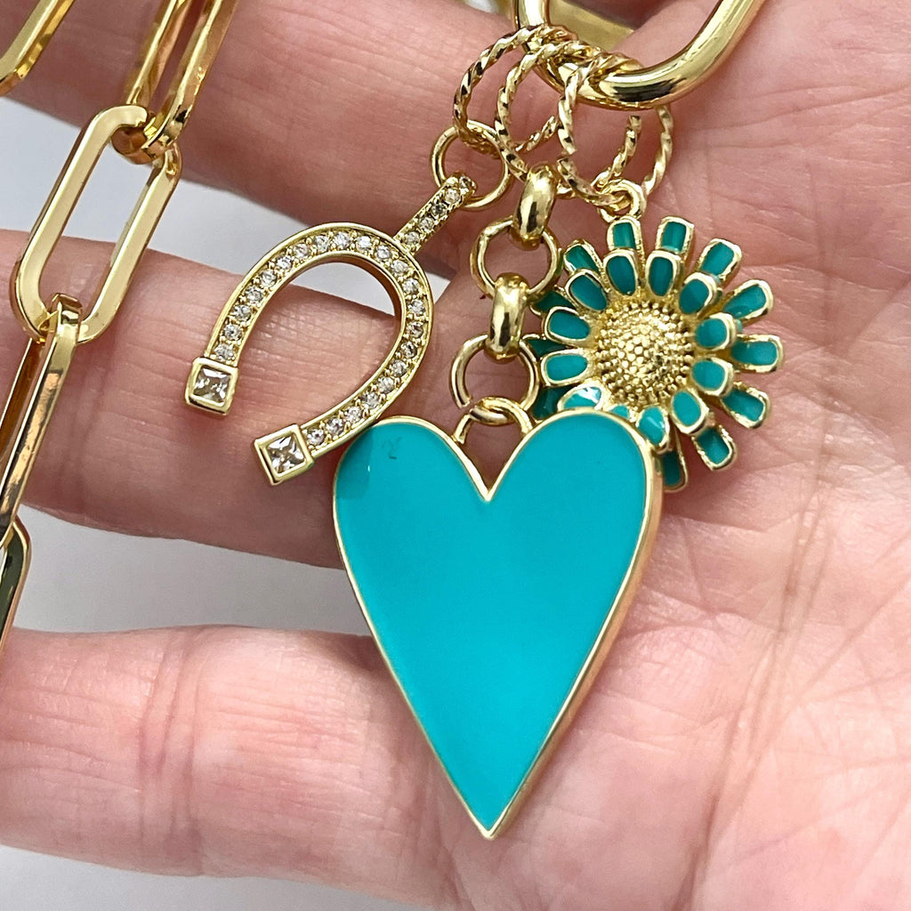 Gold Cable Chain Charm Necklace-CZ Horseshoe Charm-Turquoise Enamel Heart Pendant-Enamel Flower Charm-Carabiner Clasp-Good Luck Jewel