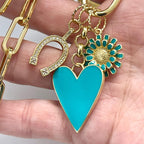Gold Cable Chain Charm Necklace-CZ Horseshoe Charm-Turquoise Enamel Heart Pendant-Enamel Flower Charm-Carabiner Clasp-Good Luck Jewel