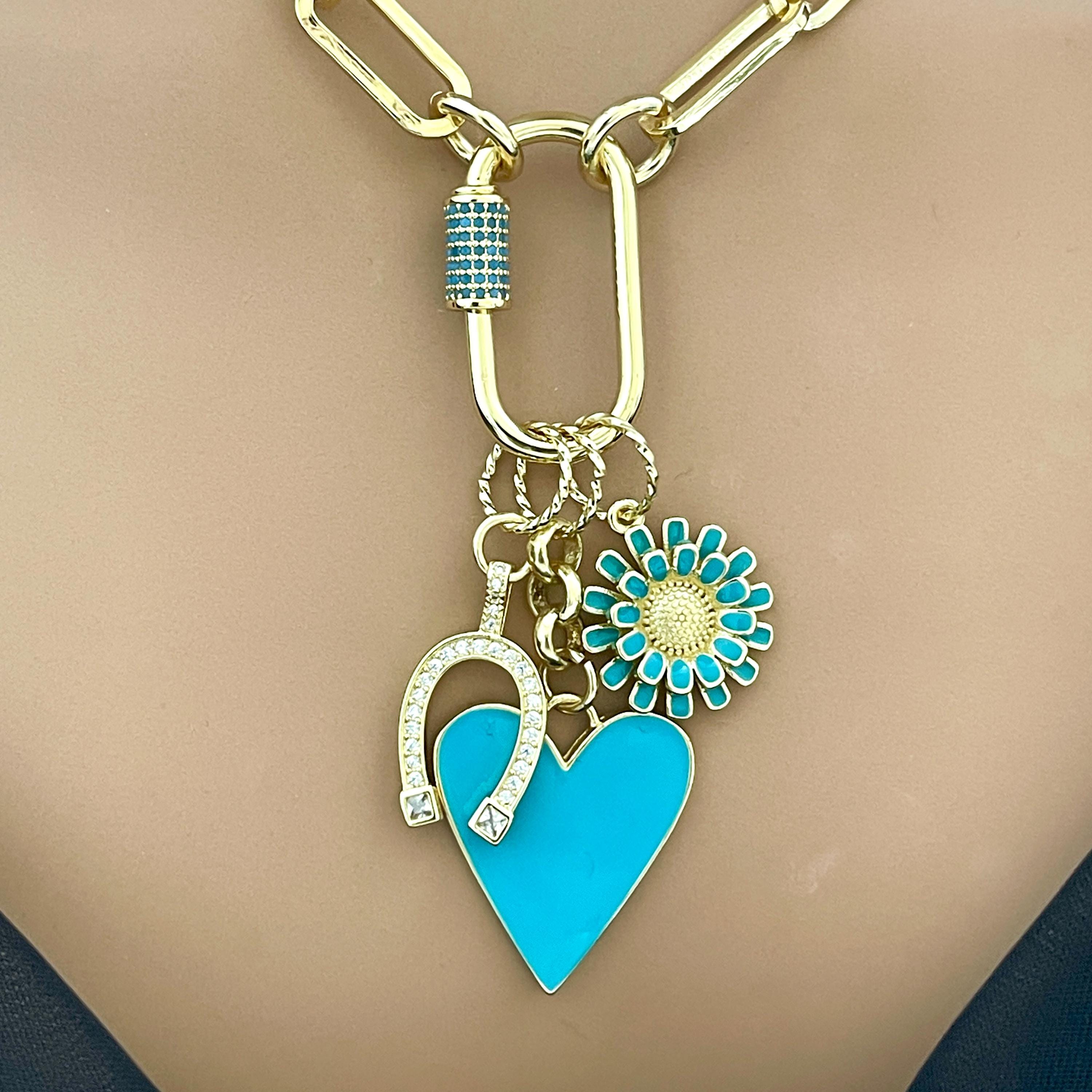 Gold Cable Chain Charm Necklace-CZ Horseshoe Charm-Turquoise Enamel Heart Pendant-Enamel Flower Charm-Carabiner Clasp-Good Luck Jewel