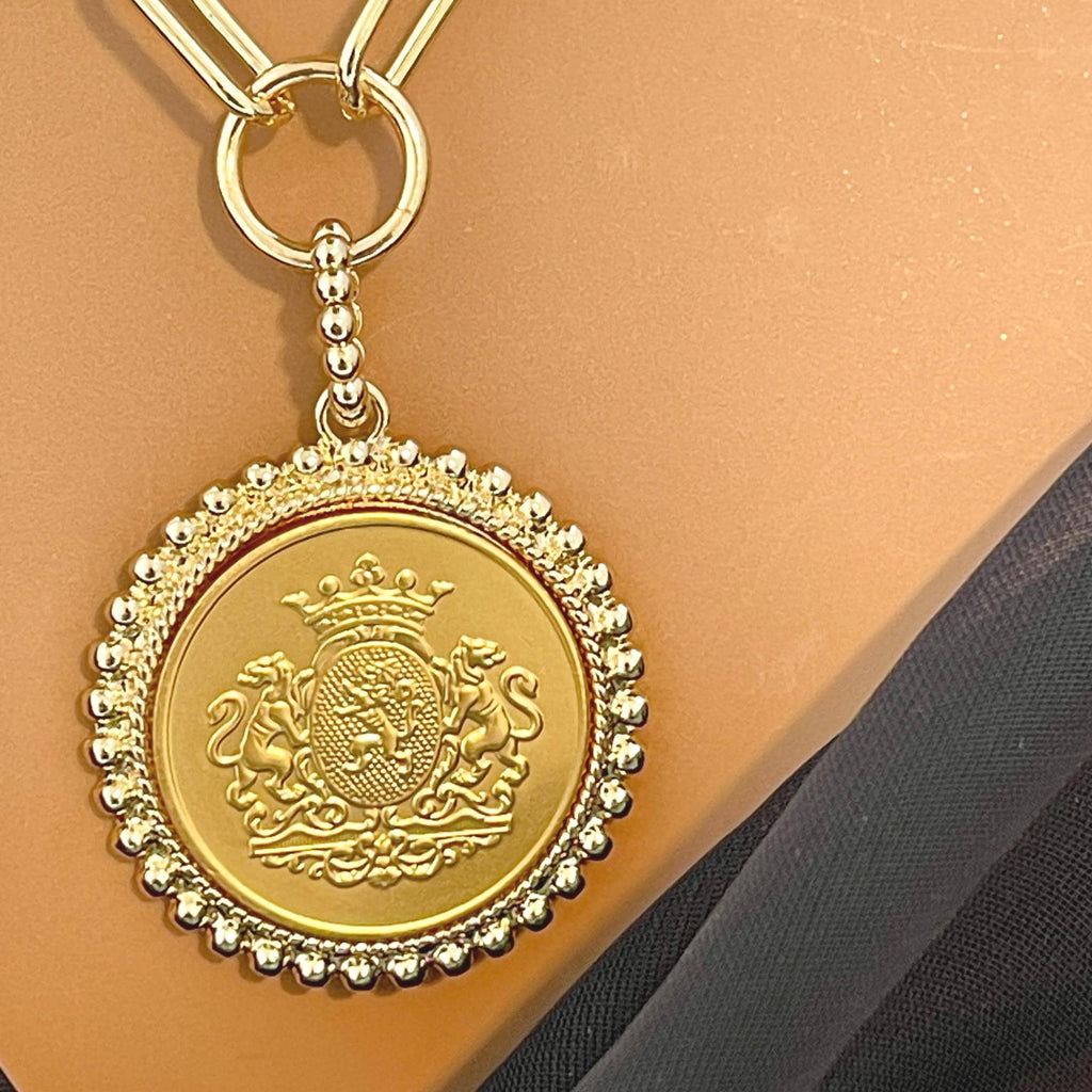 Gold Shield Coin Pendant-Gold Paperclip Chain- Shield Pendant with Textured Bezel-Toggle Clasp