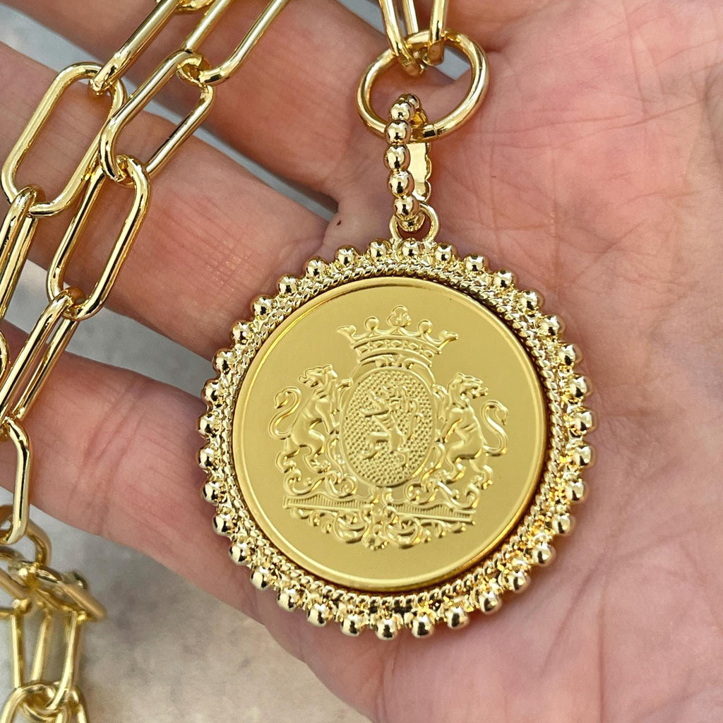 Gold Shield Coin Pendant-Gold Paperclip Chain- Shield Pendant with Textured Bezel-Toggle Clasp