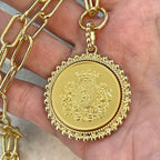 Gold Shield Coin Pendant-Gold Paperclip Chain- Shield Pendant with Textured Bezel-Toggle Clasp