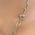 Gold Shield Coin Pendant-Gold Paperclip Chain- Shield Pendant with Textured Bezel-Toggle Clasp