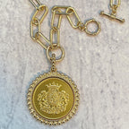 Gold Shield Coin Pendant-Gold Paperclip Chain- Shield Pendant with Textured Bezel-Toggle Clasp