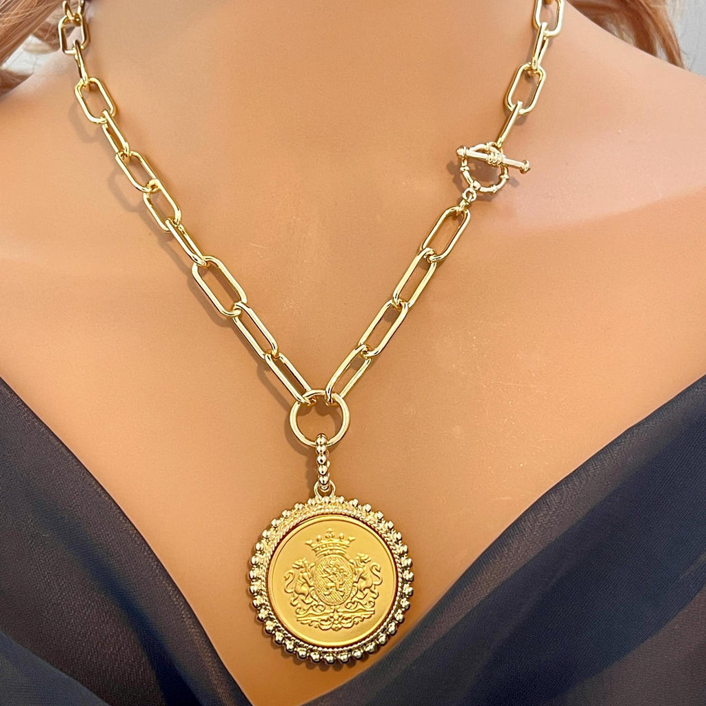 Gold Shield Coin Pendant-Gold Paperclip Chain- Shield Pendant with Textured Bezel-Toggle Clasp