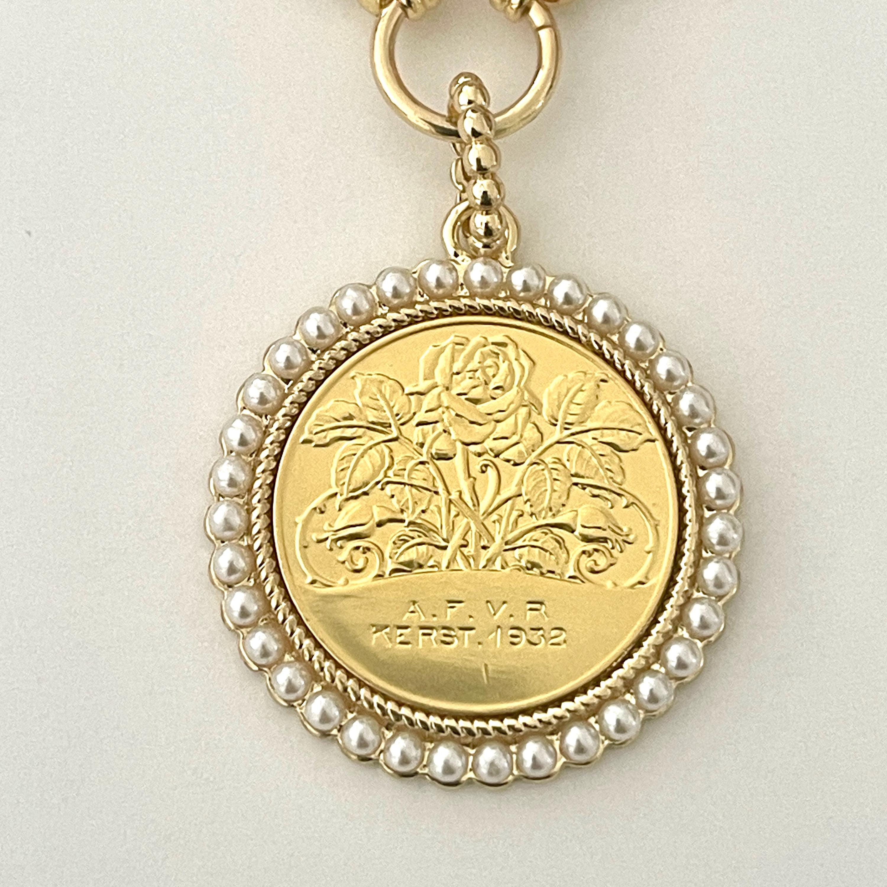 Gold Rose Coin Pendant with Textured Pearl Bezel- Gold Multi Link Chain-Rose Flower Coin- Floral Pearl Pendant- Lobster Clasp