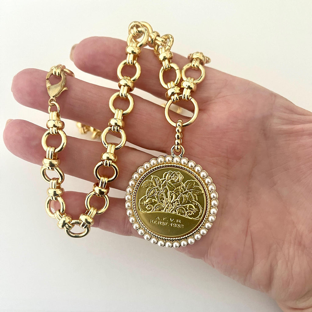Gold Rose Designed Coin Pendant Necklace – Pearl Bezel, Multi-Link Chain-Gift For Her
