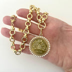 Gold Rose Designed Coin Pendant Necklace – Pearl Bezel, Multi-Link Chain-Gift For Her