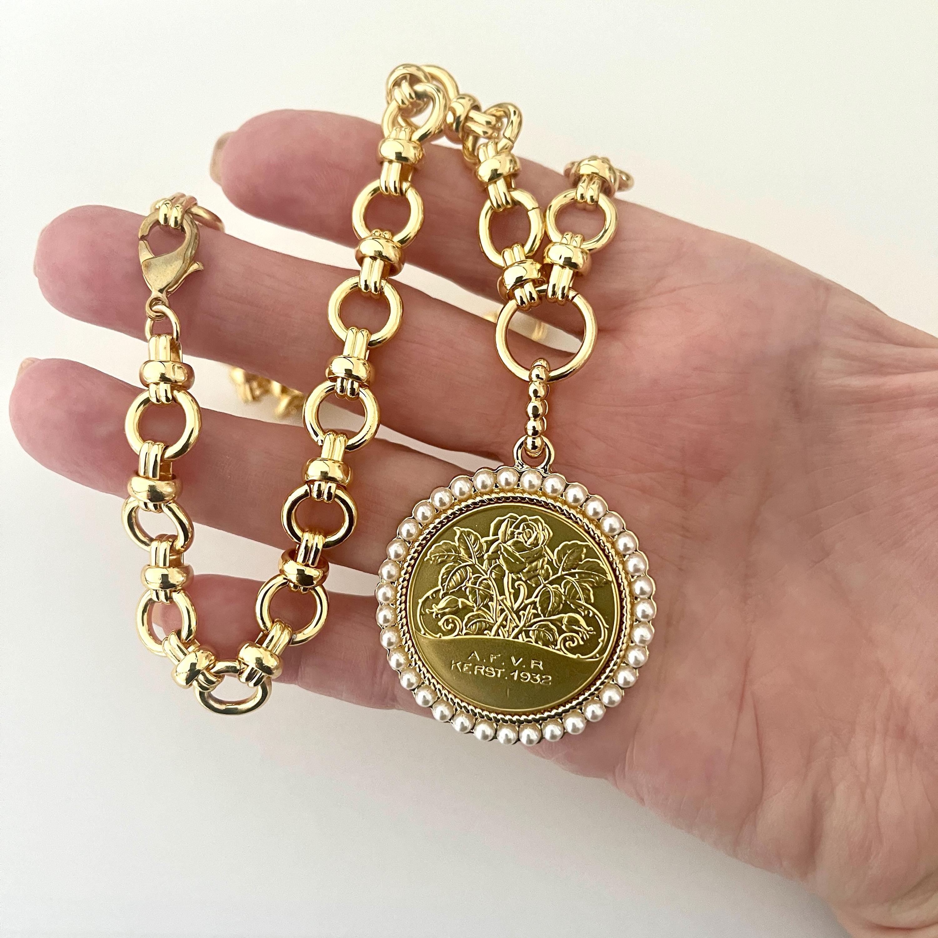 Gold Rose Designed Coin Pendant Necklace – Pearl Bezel, Multi-Link Chain-Gift For Her