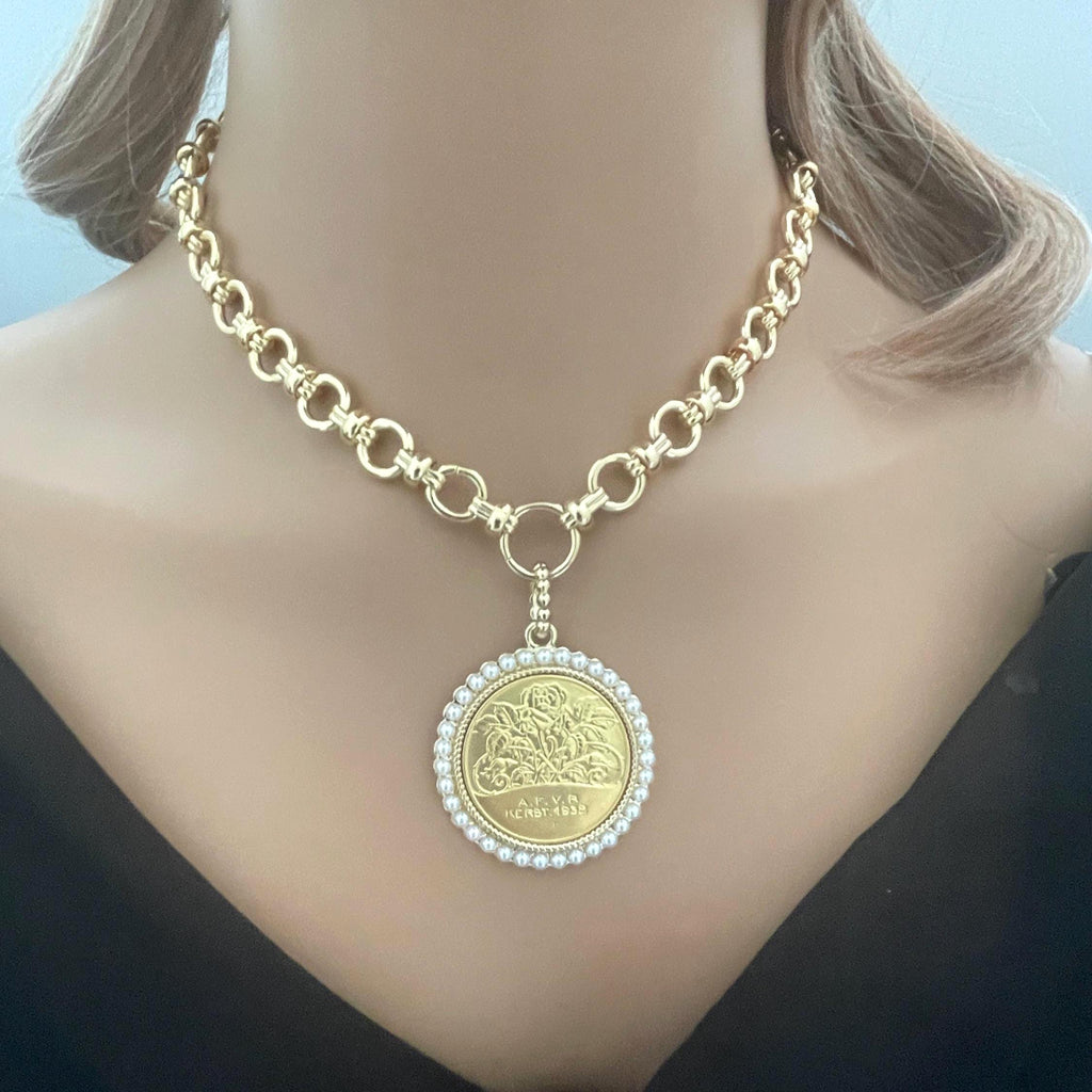 Gold Rose Coin Pendant with Textured Pearl Bezel- Gold Multi Link Chain-Rose Flower Coin- Floral Pearl Pendant- Lobster Clasp