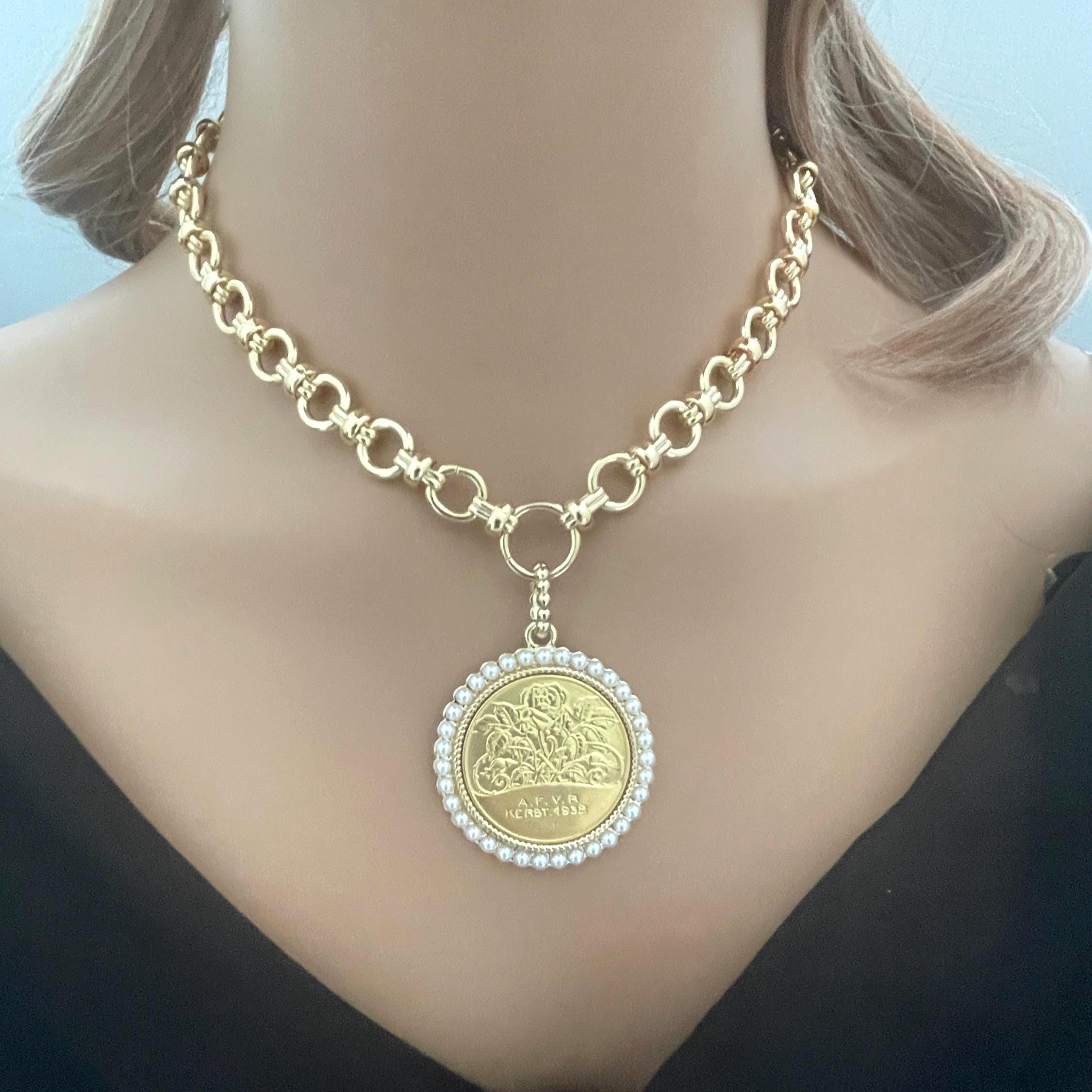 Gold Rose Coin Pendant with Textured Pearl Bezel- Gold Multi Link Chain-Rose Flower Coin- Floral Pearl Pendant- Lobster Clasp