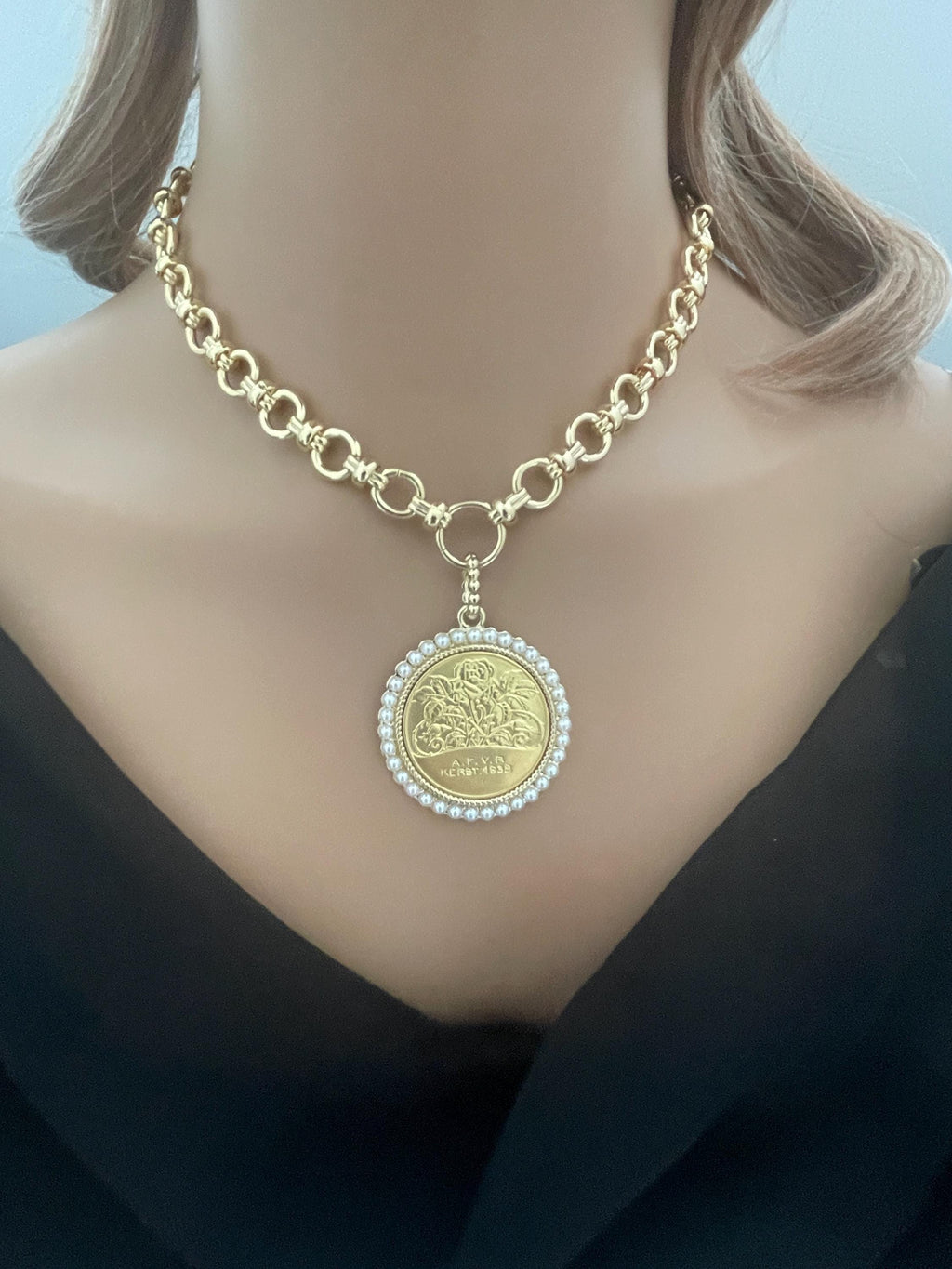 Gold Rose Coin Pendant with Textured Pearl Bezel- Gold Multi Link Chain-Rose Flower Coin- Floral Pearl Pendant- Lobster Clasp