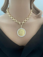 Gold Rose Coin Pendant with Textured Pearl Bezel- Gold Multi Link Chain-Rose Flower Coin- Floral Pearl Pendant- Lobster Clasp