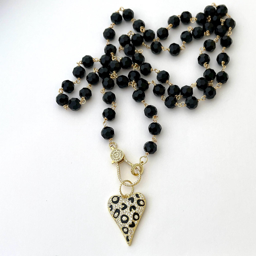 Long 32in Black Crystal Bead Necklace With Gold Animal Print Heart Pendant- Gold Micro Pave Clasp