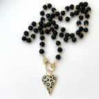 Long 32in Black Crystal Bead Necklace With Gold Animal Print Heart Pendant- Gold Micro Pave Clasp