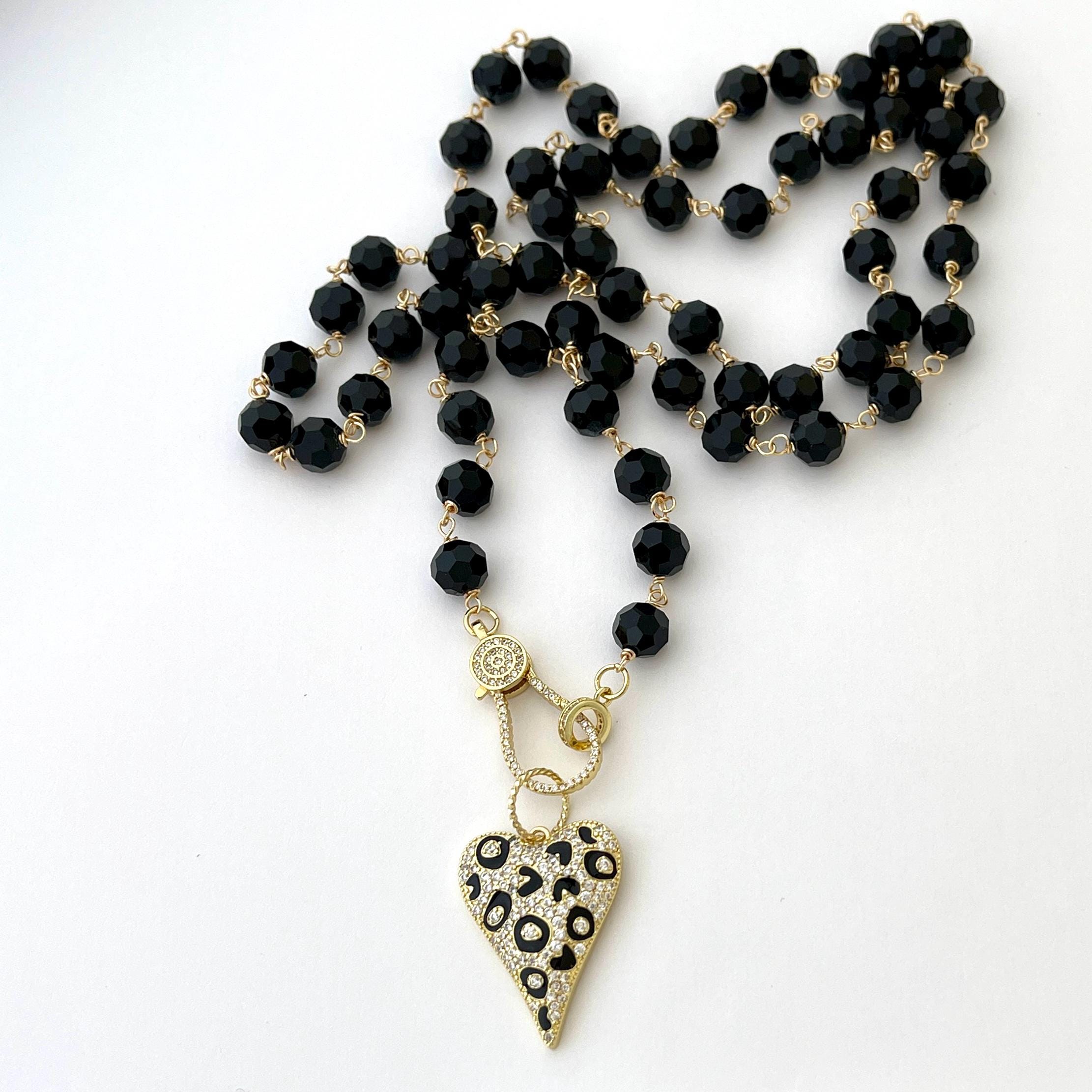 Long 32in Black Crystal Bead Necklace With Gold Animal Print Heart Pendant- Gold Micro Pave Clasp