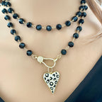 Long Black Crystal Bead Necklace: Gold Animal Print Heart Pendant