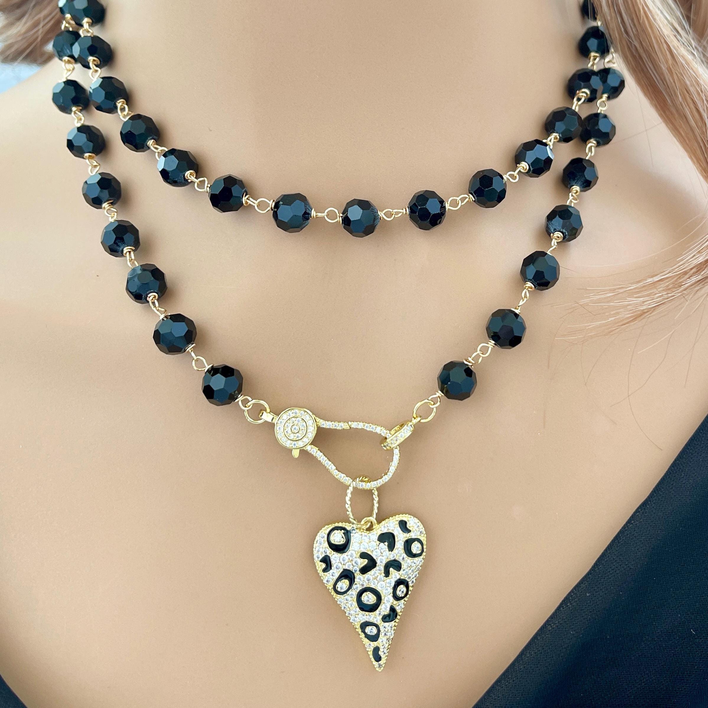 Long Black Crystal Bead Necklace: Gold Animal Print Heart Pendant
