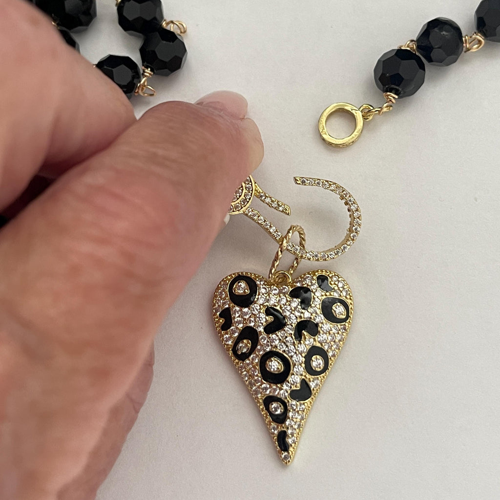 Long 32in Black Crystal Bead Necklace With Gold Animal Print Heart Pendant- Gold Micro Pave Clasp