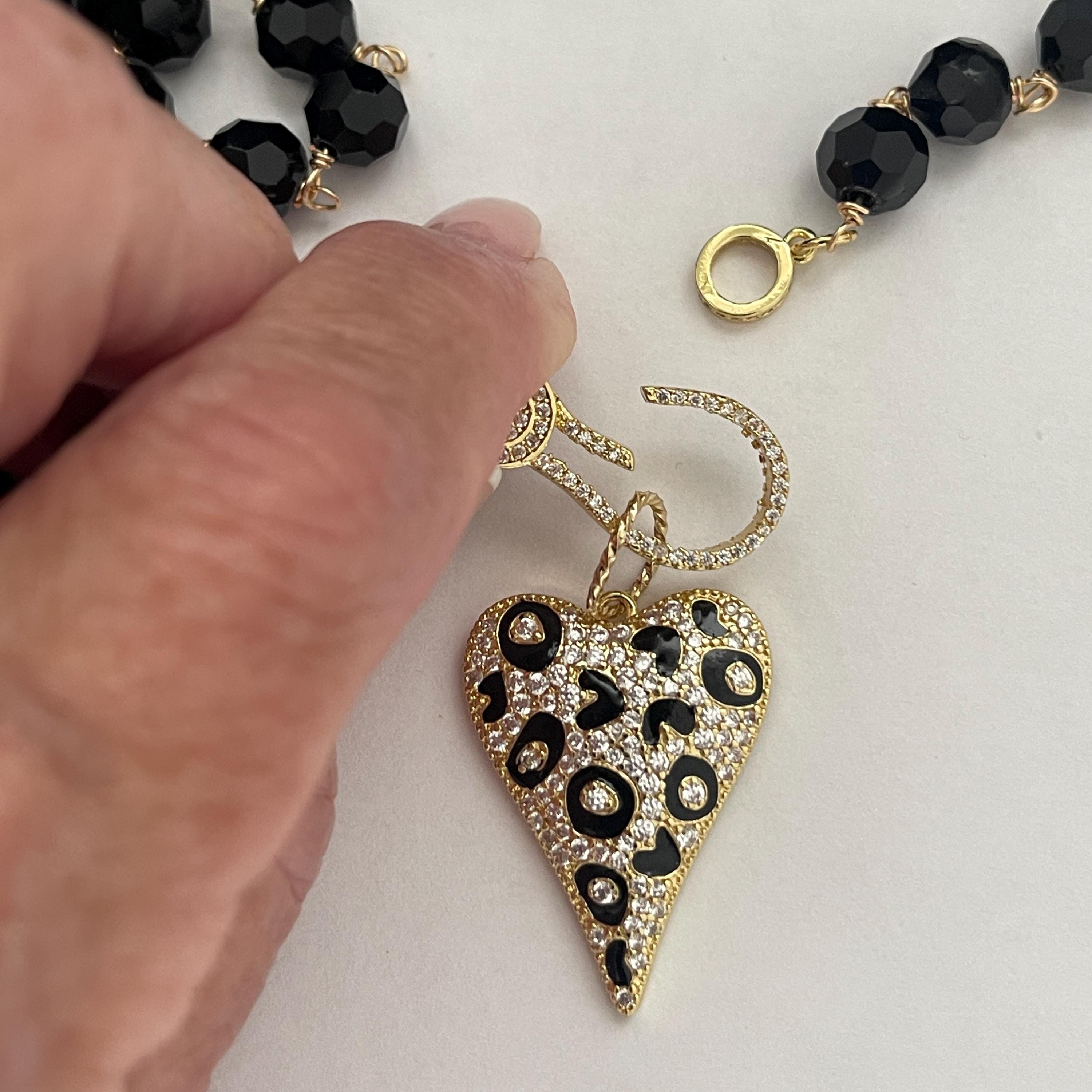 Long 32in Black Crystal Bead Necklace With Gold Animal Print Heart Pendant- Gold Micro Pave Clasp