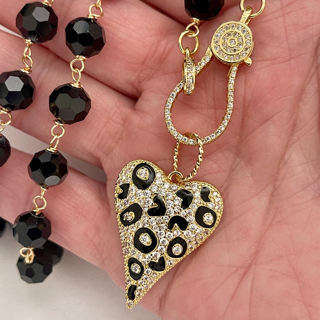 Long 32in Black Crystal Bead Necklace With Gold Animal Print Heart Pendant- Gold Micro Pave Clasp