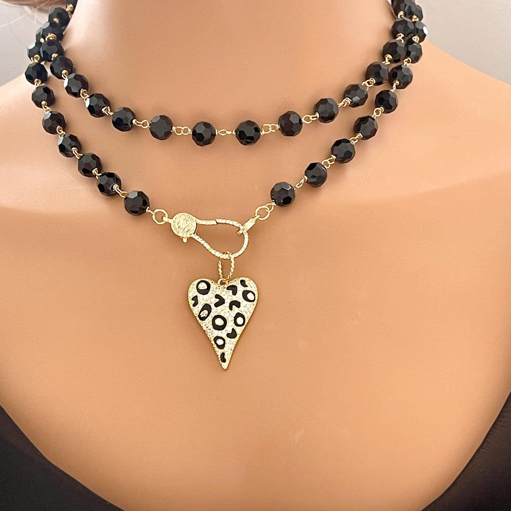 Long 32in Black Crystal Bead Necklace With Gold Animal Print Heart Pendant- Gold Micro Pave Clasp