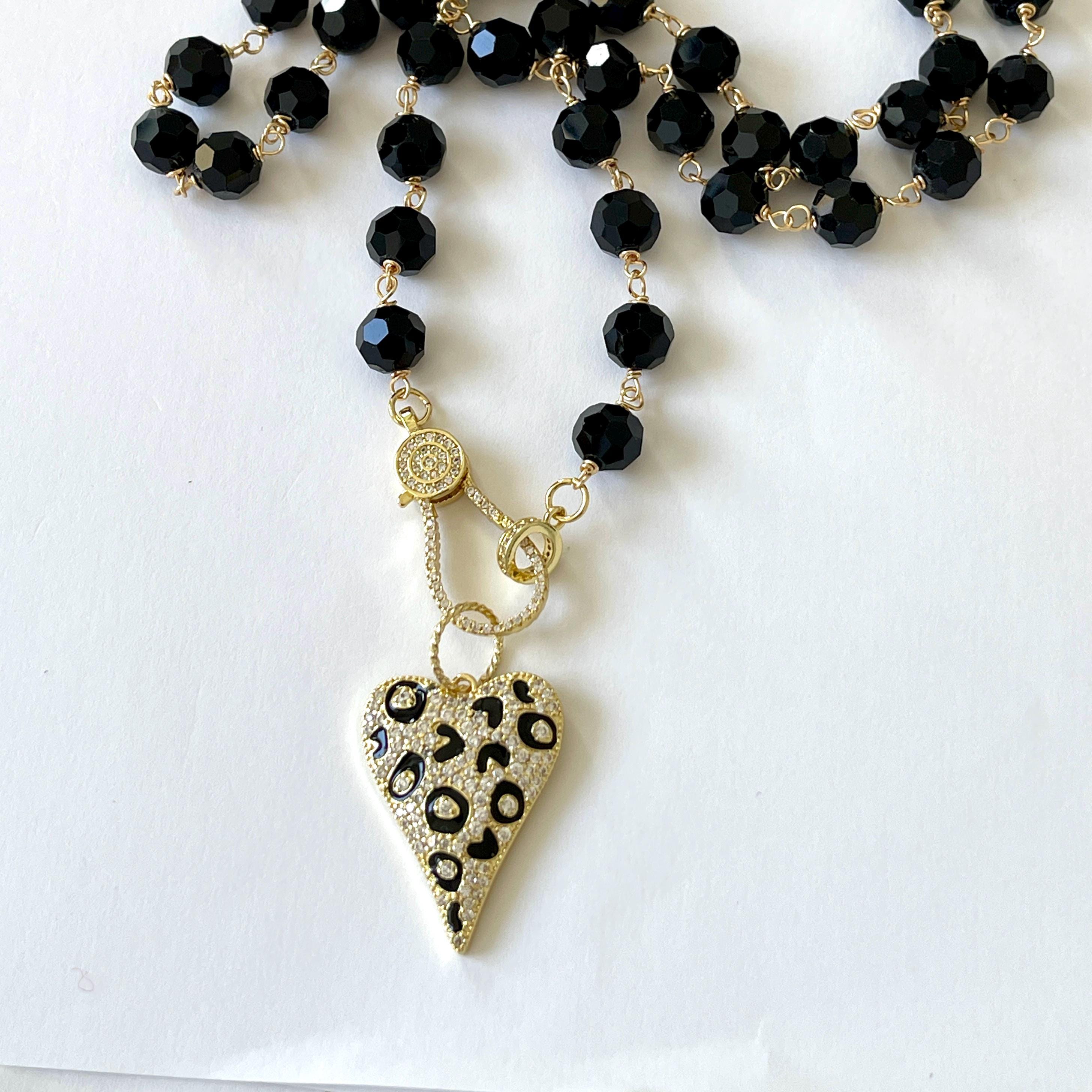 Long 32in Black Crystal Bead Necklace With Gold Animal Print Heart Pendant- Gold Micro Pave Clasp
