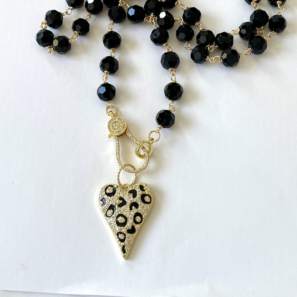 Long Black Crystal Bead Necklace: Gold Animal Print Heart Pendant