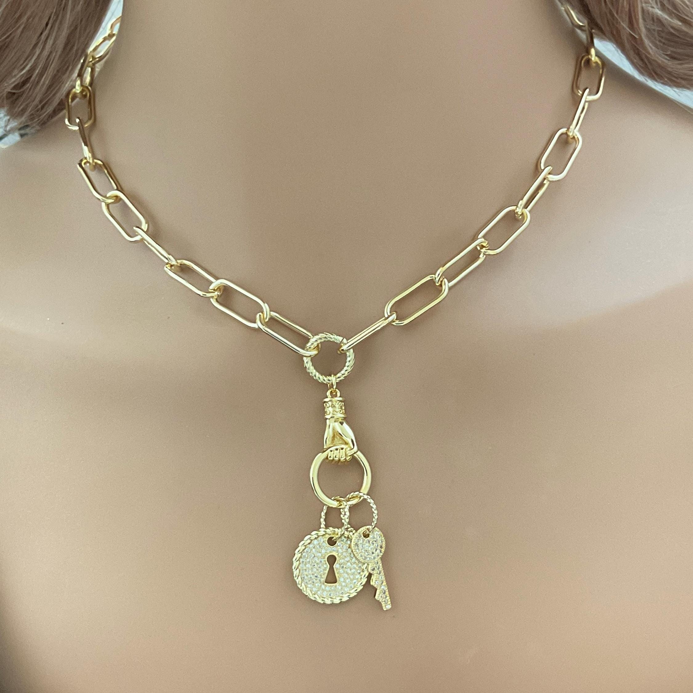 Gold Clasped Hand Necklace with Micro Pave Lock & Key Charm-Lobster Clasp Closure-Symbolic Jewelry