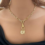 Gold Clasped Hand Necklace with Micro Pave Lock & Key Charm-Lobster Clasp Closure-Symbolic Jewelry