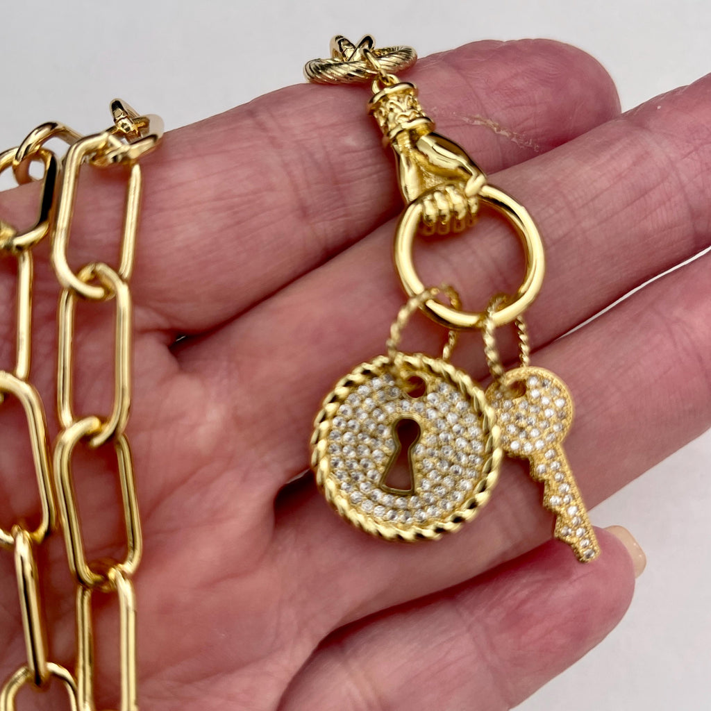 Gold Clasped Hand Necklace with Micro Pave Lock & Key Charm-Lobster Clasp Closure-Symbolic Jewelry