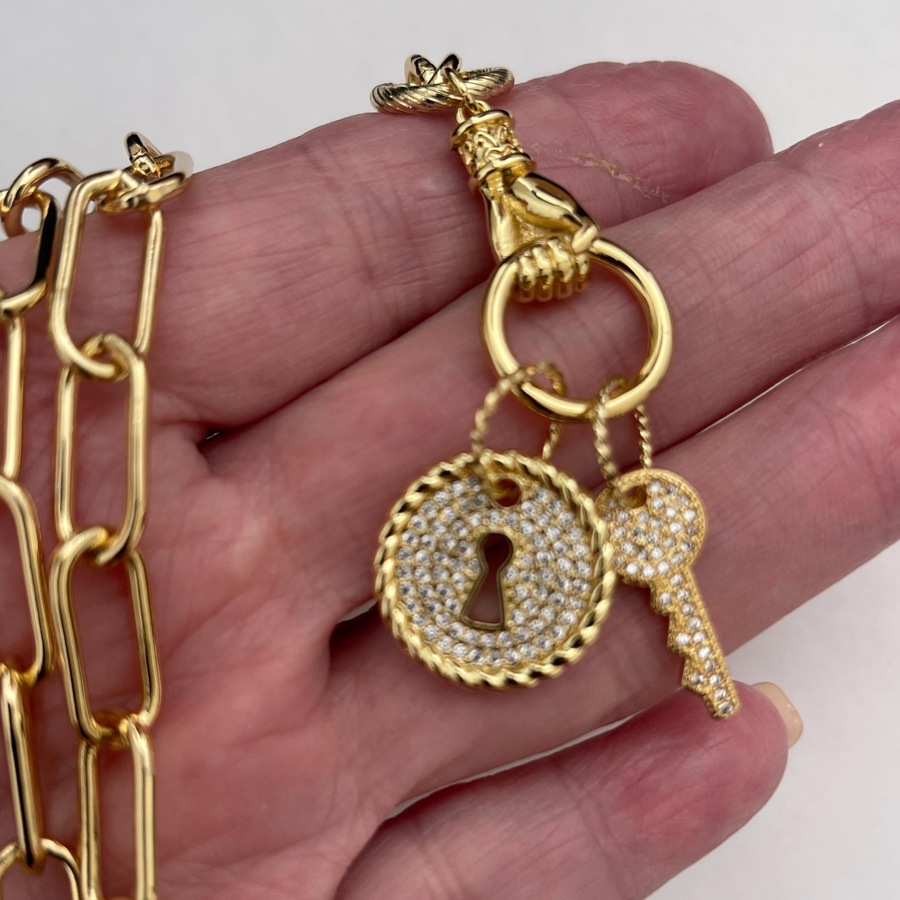 Gold Clasped Hand Necklace with Micro Pave Lock & Key Charm-Lobster Clasp Closure-Symbolic Jewelry
