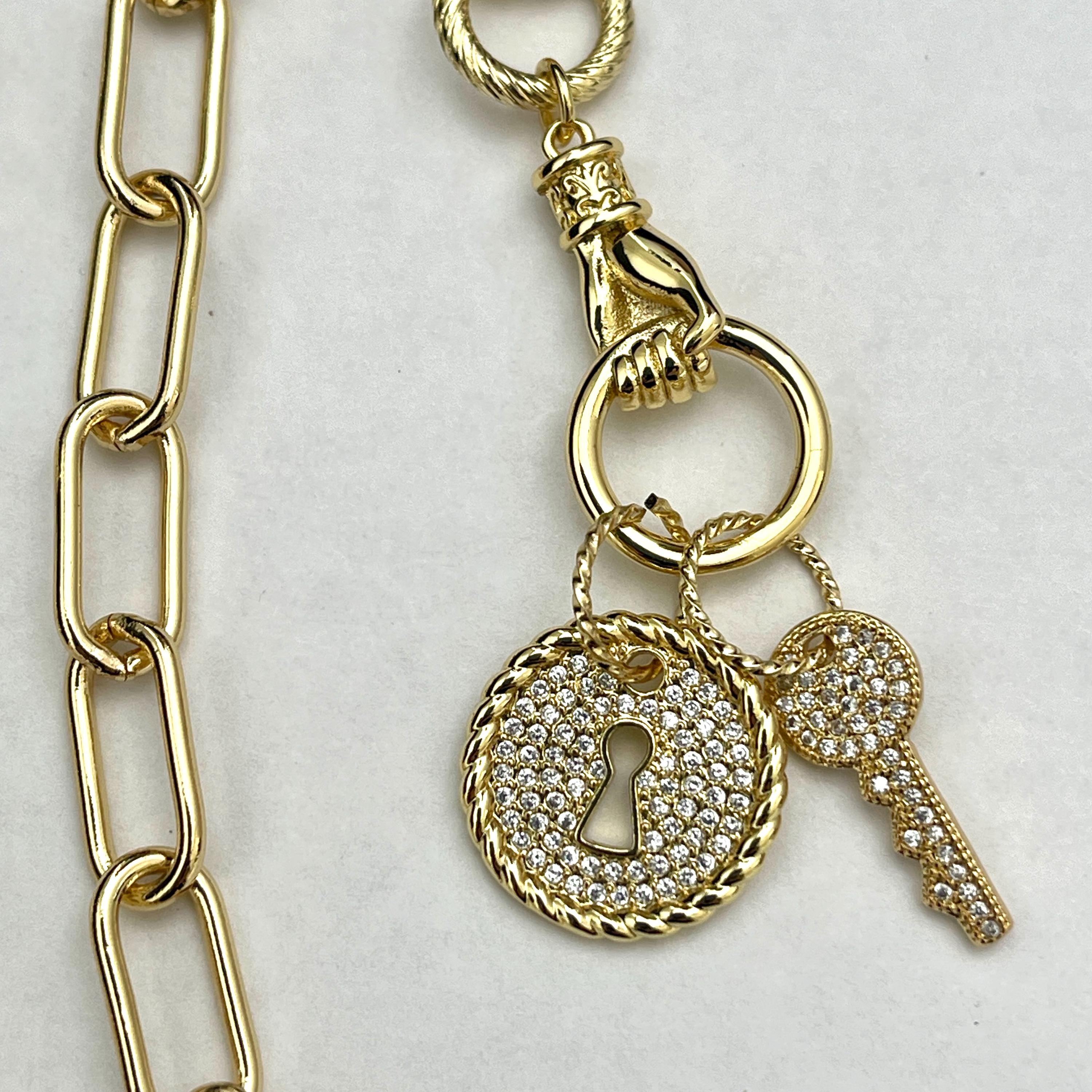 Gold Clasped Hand Necklace with Micro Pave Lock & Key Charm-Lobster Clasp Closure-Symbolic Jewelry