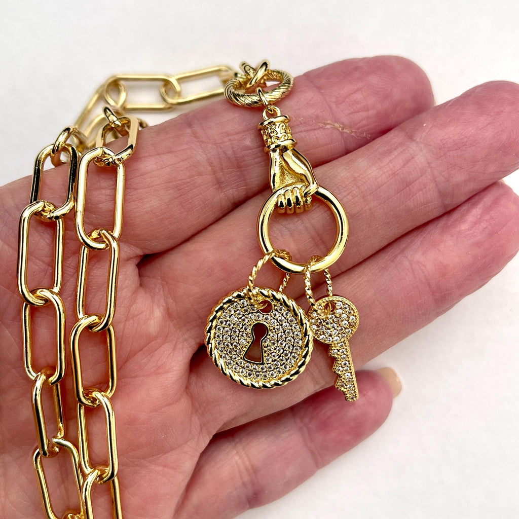 Gold Clasped Hand Necklace with Micro Pave Lock & Key Charm-Lobster Clasp Closure-Symbolic Jewelry